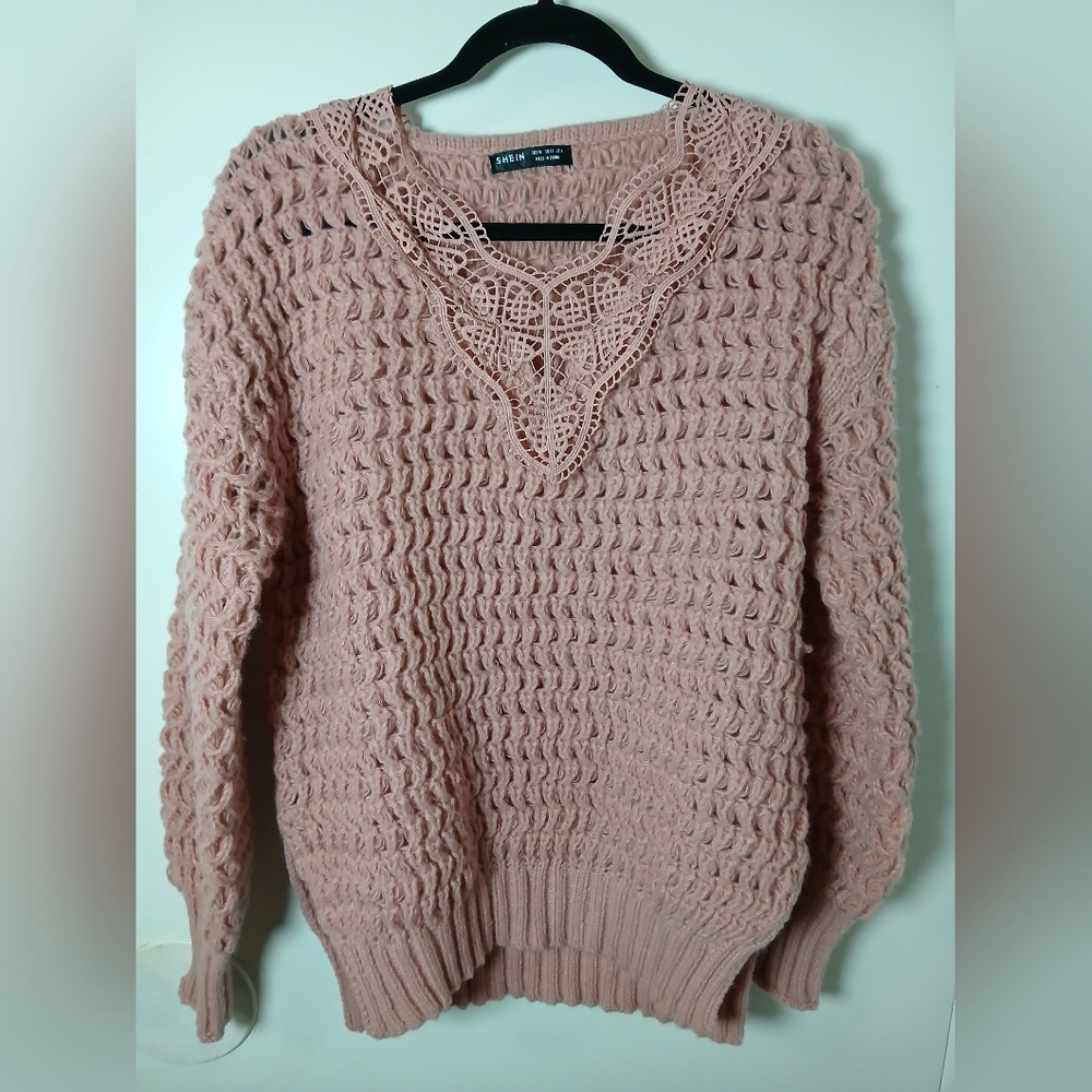 Pink Crochet Knit Sweater Medium US 6 EU 38 Lace V-Neck Long Sleeve‎